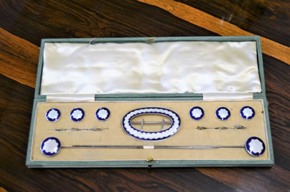 Silver & enamel buckle, buttons and hat pins
