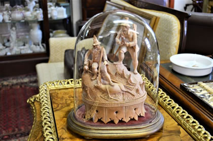 19th century black forest wood carving in glass dome