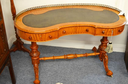  Victorian satinwood leather top desk with brass gallery