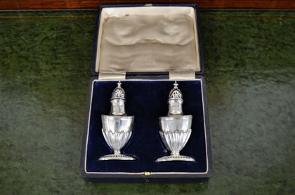 Pair of cased siler pepper pots