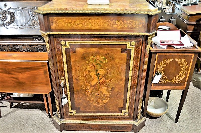 19th century walnut marble top cabinet with inlay & ormolu mounts