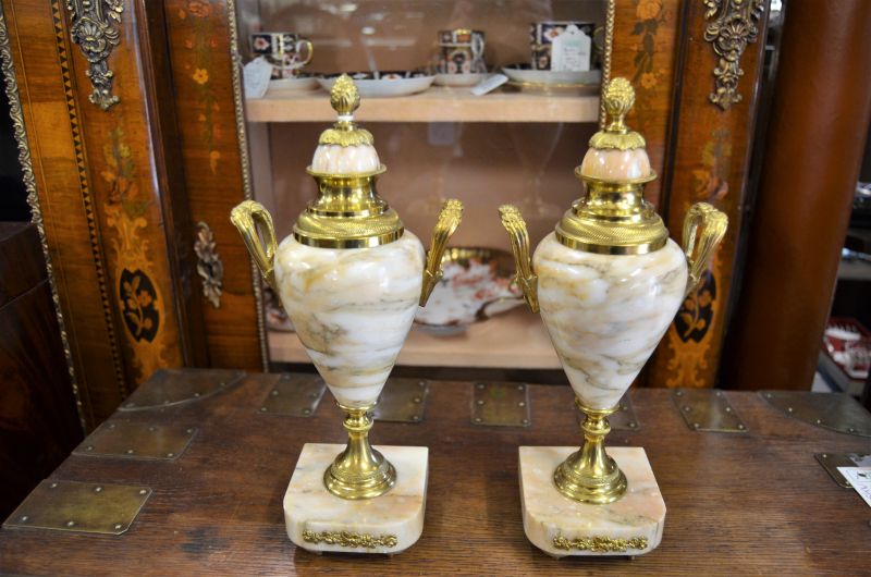 Pair of marble & gilt brass urns