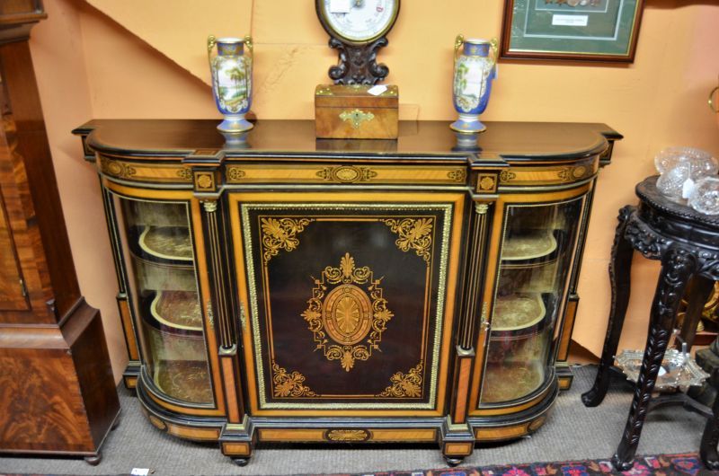 Victorian ebonized credenza with satinwood inlay