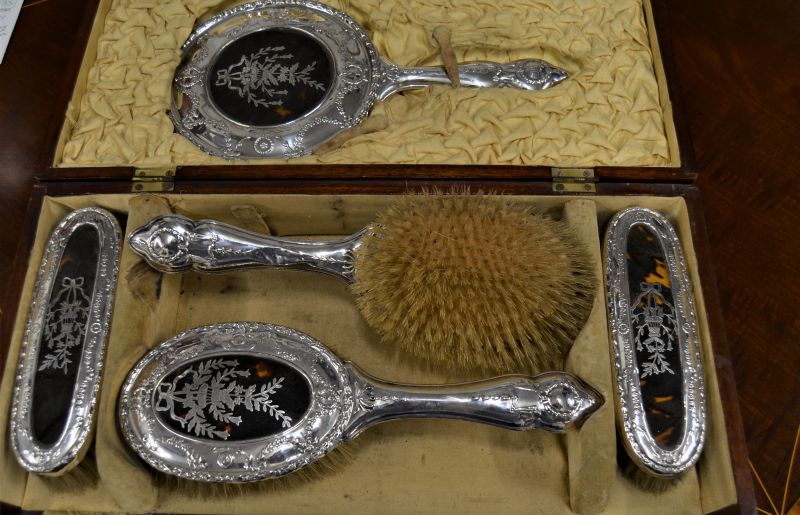 Silver five piece dressing table set