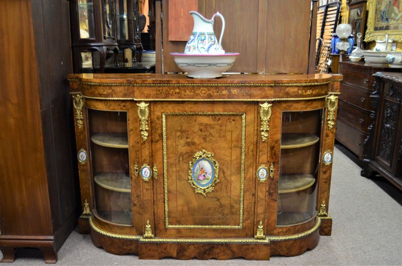 Victorian burr walnut credenza cabinet with inlay & ormolu mounts
