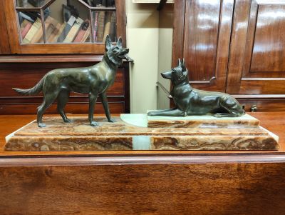 Art deco dog group on marble plinth