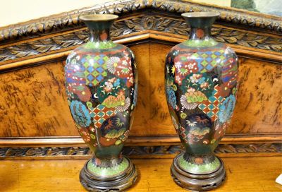 Pair of cloisonne vases on stands