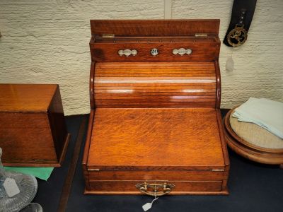 Edwardian oak cabint with writing slope & calander