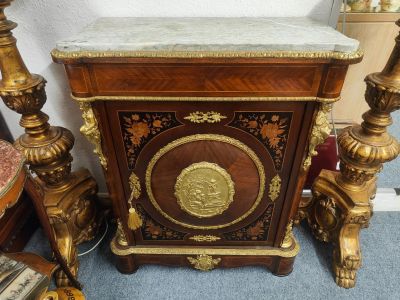 Marble top walnut cabinet with inlay & ormolu mounts