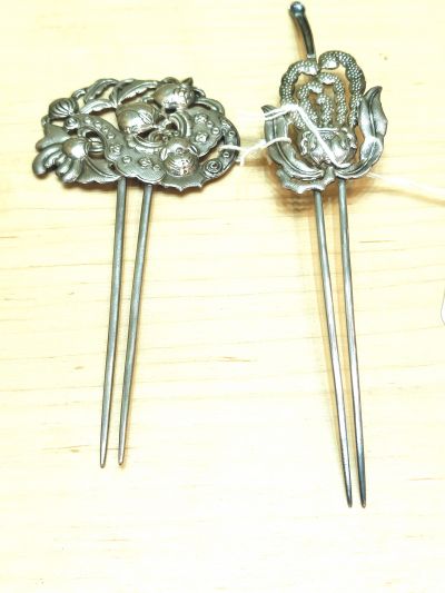 Two silver chinese hair slides/ ornaments