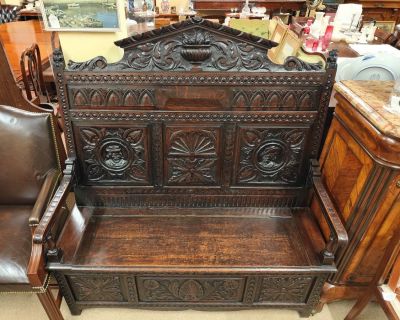 Victorian carved oak monks bench