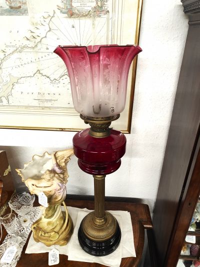 Victorian ruby glass oil lamp