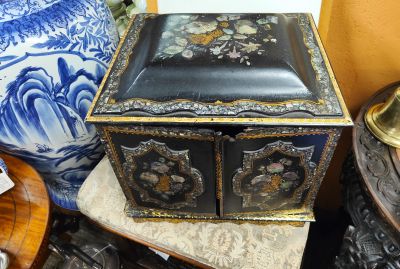 Ebony and paper mache box with M.O.P inlay, with drawers