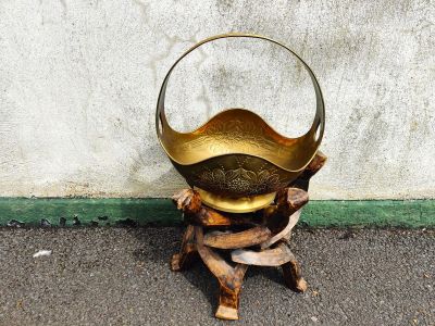 African carved wooden stand with brass pot 