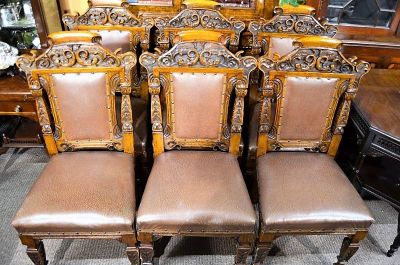 Set of six victorian carved oak dining room chairs