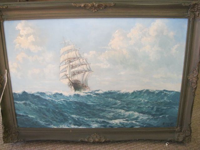 Oil on canvas painting of Ship , signed