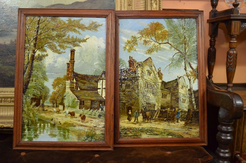 Pair of framed painted porcelain panels