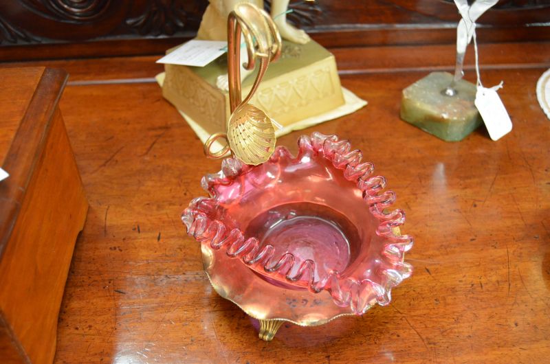 Ruby glass dish on gilt plated stand