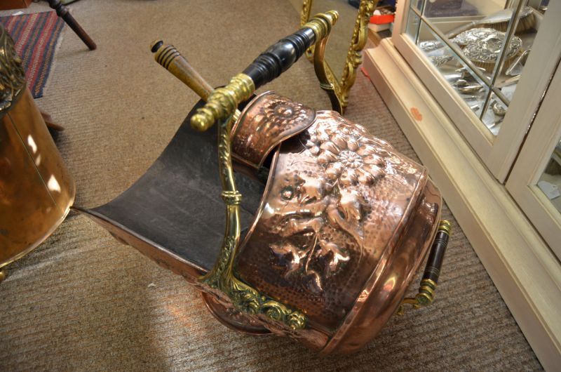 Copper & brass coal scuttle with shovel