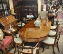 1930s D-ended dining room table & eight sabre leg chairs (six chairs & two carvers) Thumbnail 2