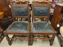 Pair of oak , leather embossed hall chairs Thumbnail 6