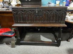 18th century carved oak box on stand Thumbnail 1