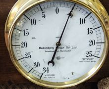 Old brass water tower gauges mounted on wood Thumbnail 3