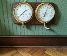 Old brass water tower gauges mounted on wood Thumbnail 6